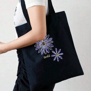 Floral Graphic Linen Shopper Tote Bag Black Double Handle